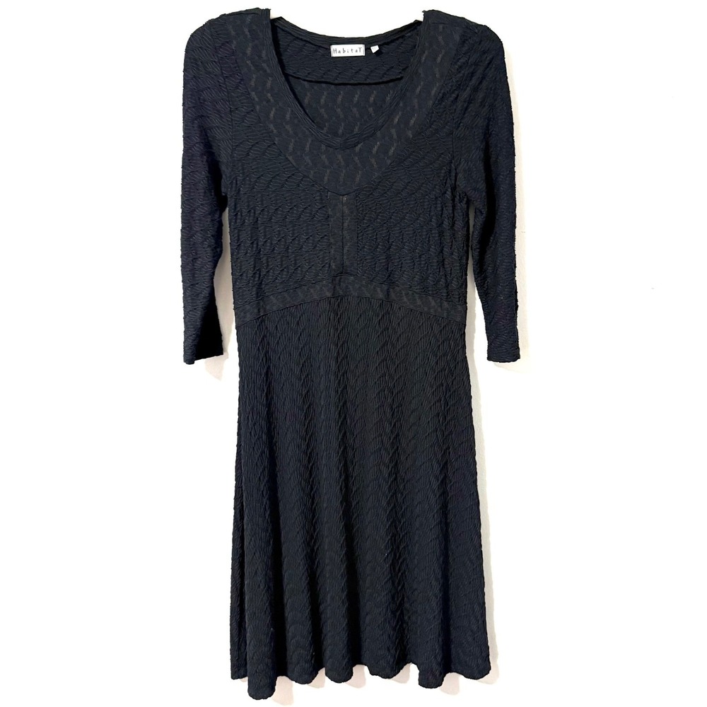 Habitat Womens Black Textured Knit V-Neck 3/4 Sleeve A-Line Travel Dress S